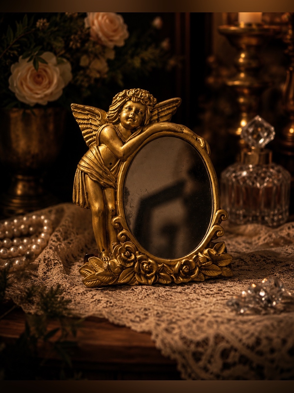Vintage Gold Cherub Mirror w/ Roses • Romantic Angel Vanity Décor • Collectible